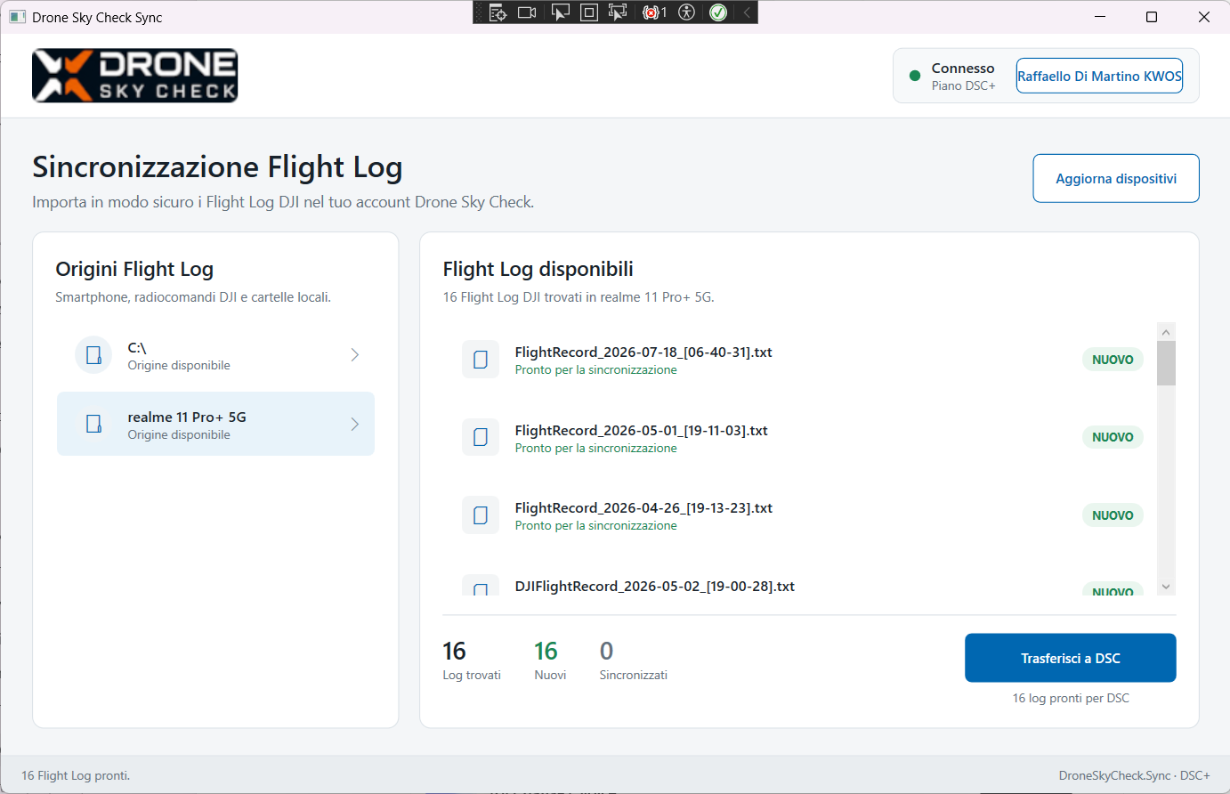 Selezione dei Flight Log in Drone Sky Check Sync