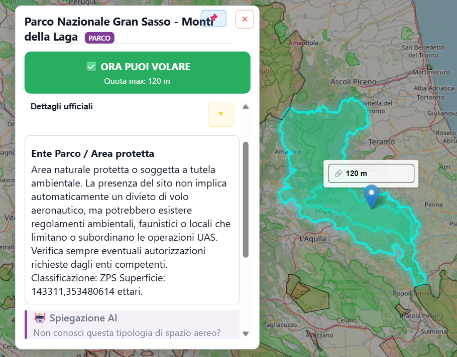 Esempio di area protetta con quota visualizzata a 120 metri