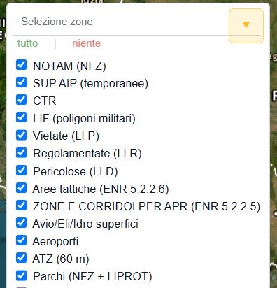Pannello Selezione zone con i layer principali