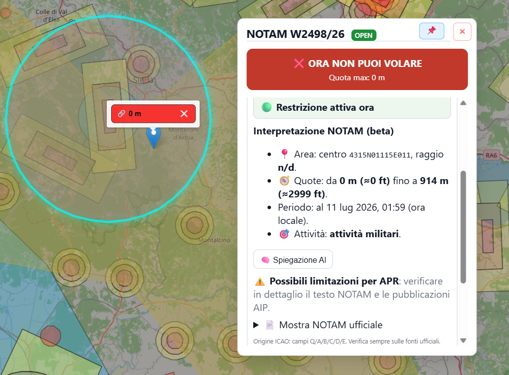 NOTAM attivo nel pannello