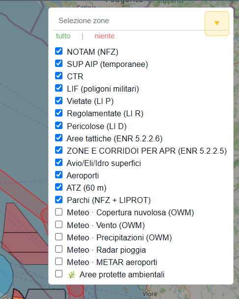 Pannello di selezione zone