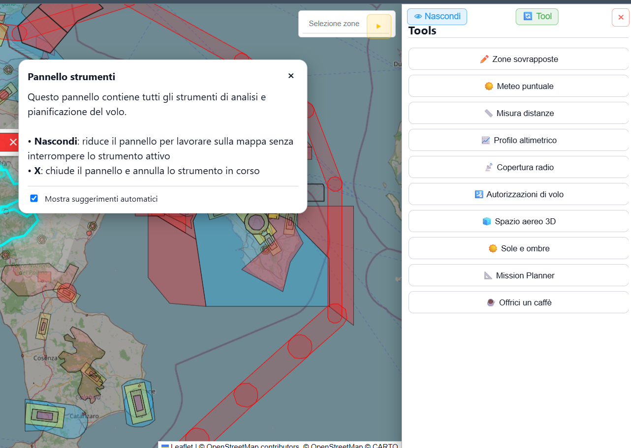 Pannello degli strumenti disponibili sulla mappa