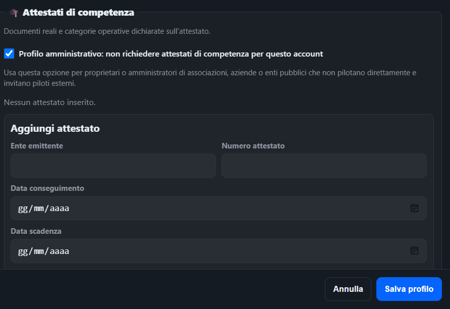 Checkbox profilo amministrativo per owner organizzazione