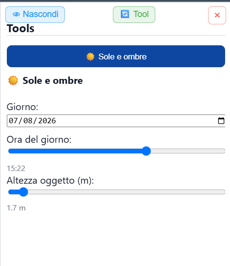 Pannello dello strumento Sole e ombre con data, ora e altezza oggetto